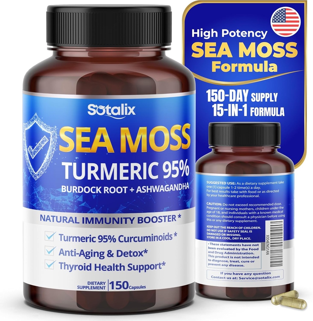 Sotalix Sea Moss Κάψουλα με Ashwagandha, Burdock Root, Bladderwrack, Turmeric - Ισχυρό Φυσικό Booster Ανοσίας - USA Made (150 Count (Pack of 1))