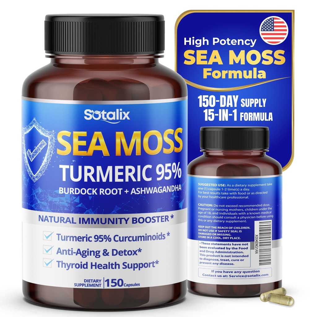 Sotalix Sea Moss Capsule Ashwagandha, Burdock Root, Bladderwrack, Turmeric - Güçlü Doğal Immunity ATM - ABD Made (150 Kont)