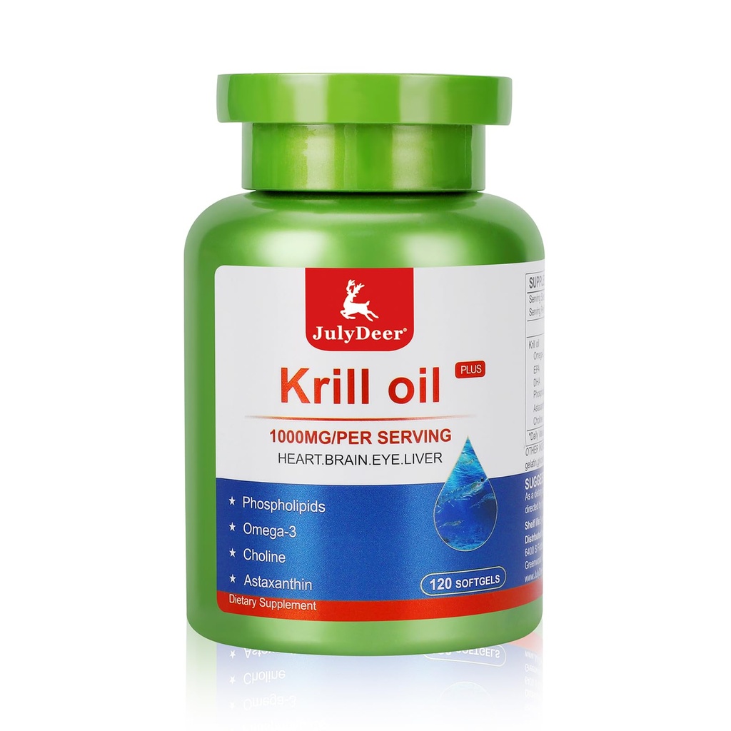 TemmuzDeer Krill Oil 1000 mg with Omega-3s EPA, DHA, Astaxanthin ve Phospholipids 120 Softgels Supplement, Antarktika Krill No Fishy Aftertaste for Joint, Heart, Brain and Immunity