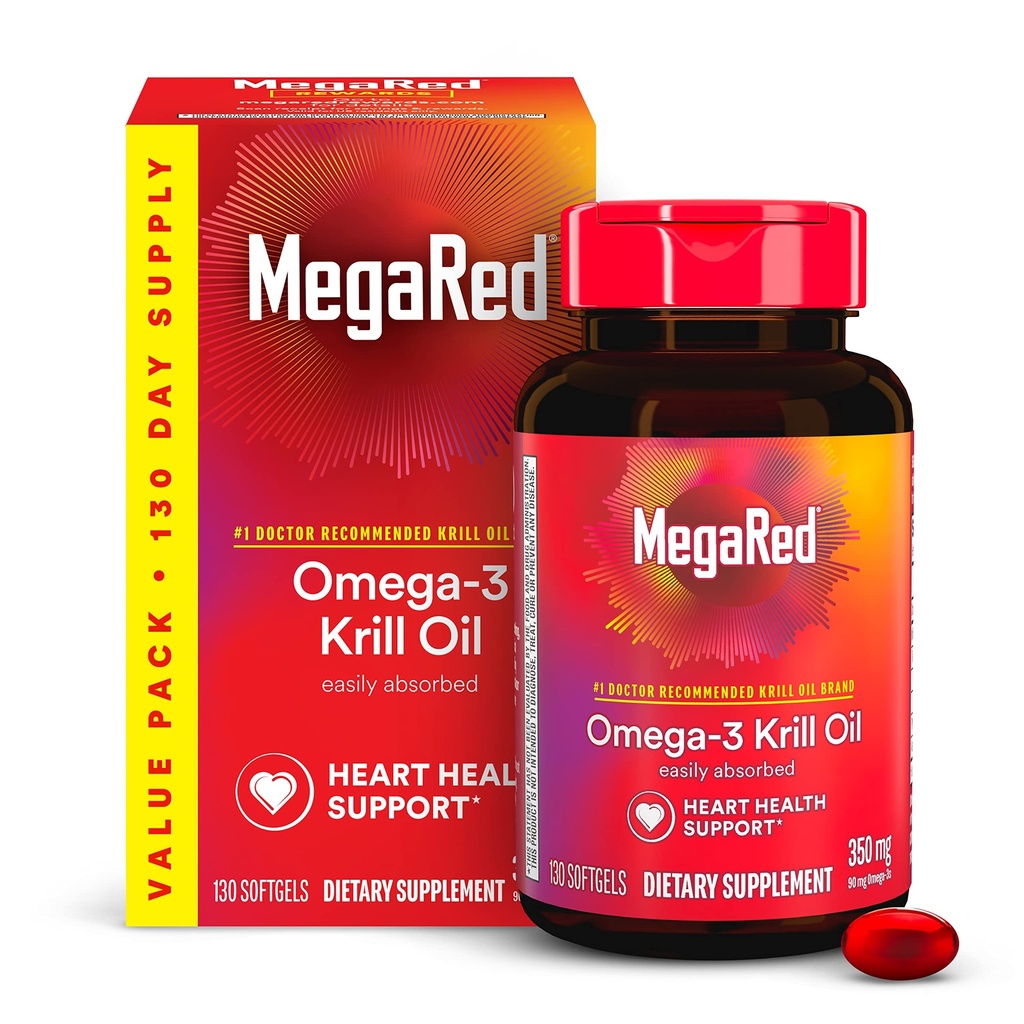 MegaRed - Omega-3 Krill Oil 350 mg Softgels (130 Bir Şişede Kont), EPA & DHA Omega-3 Fatty Asits No Fishy Aftertaste Beyond Fish Oil, Contains Antioksi Astaxanthinhinhin