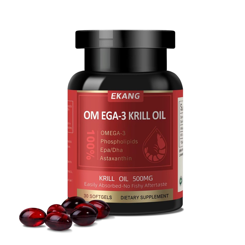 Antarctic Krill Oil 500 mg, Phospholipid-Bound Omega-3, EPA, DHA, and Astaxanthin - Easily Absorbed - Supports Brain, Heart, and Joint Health - Non-GMO, Gluten-Free, 30 Softgels