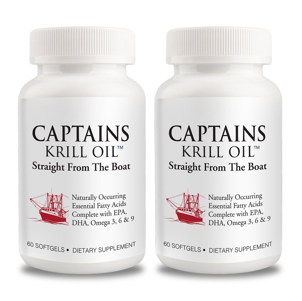 Captains Pure Antarctic Krill Oil Softgels | Omega 3 EPA, DHA with Astaxanthin & Phospholipids| No Additives or Chemicals | 1000mg per Serving, 60 Capsules, 2-Pack
