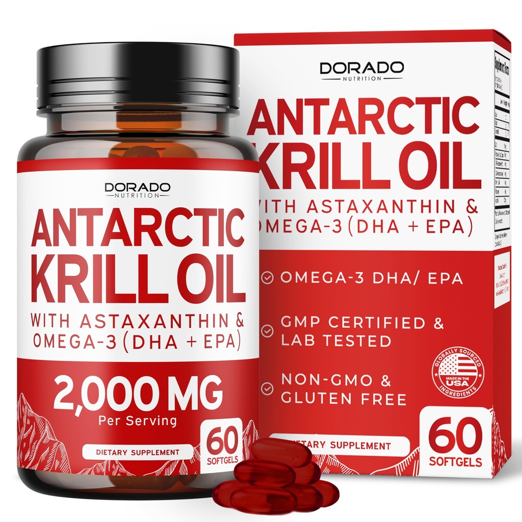 Antarctic Krill Oil Supplement (2000mg Per Serving, 60 Softgels) Krill Oil Omega 3 Supplements with EPA, DHA & Astaxanthin - Premium Phospholipid for Adults - Third Party Tested, Non-GMO & USA Made