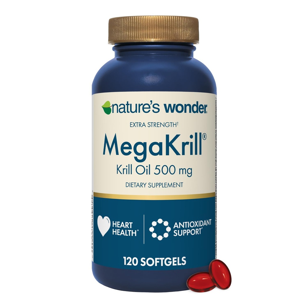 Nature's Wonder Mega Krill Extra Strength Krill Oil 500 mg with Omega 3 Phospholipids ve Astaxanthin, Supports Heart Health, 120 Day Supply of Softgels