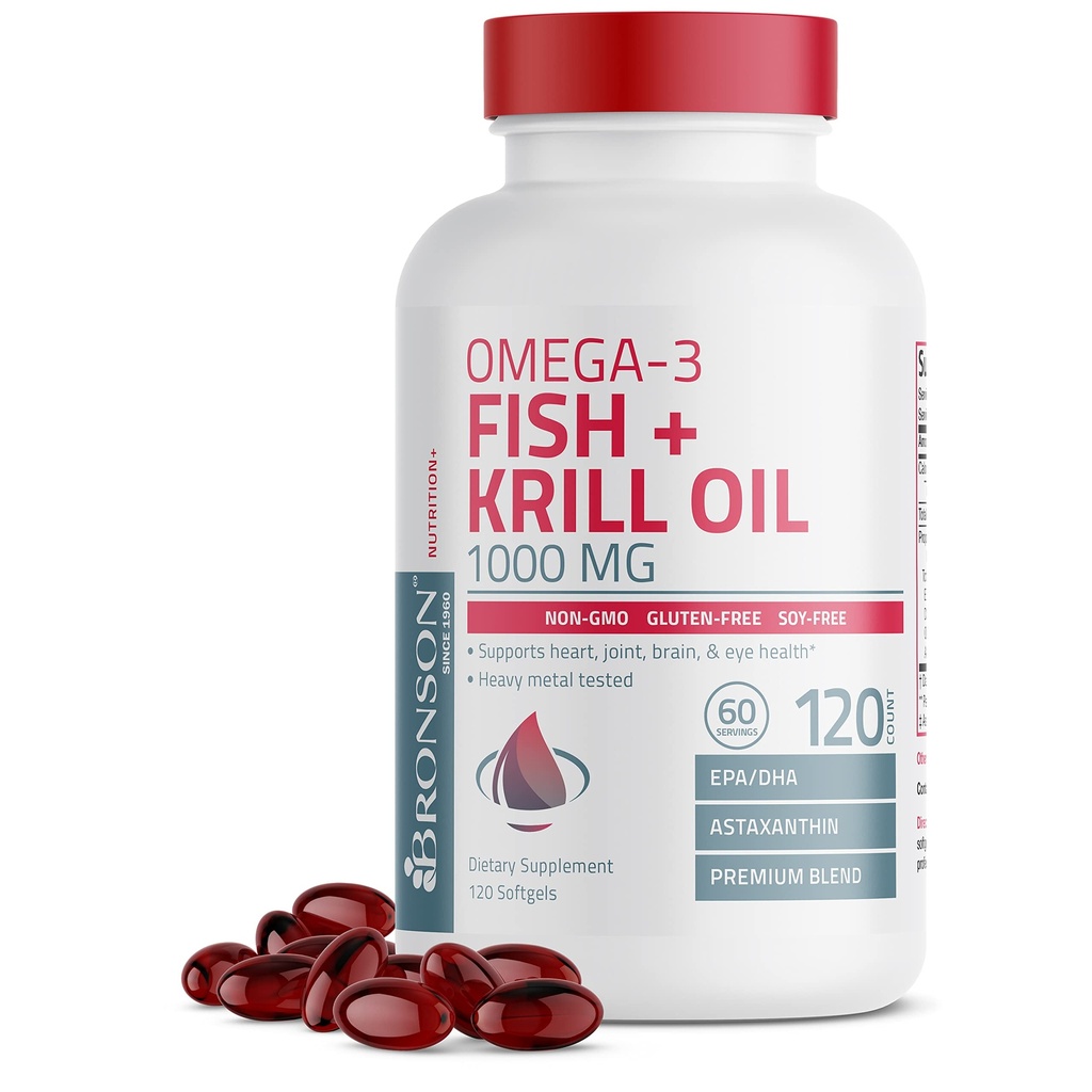 Bronson Omega-3 Fish + Krill Oil 1000 MG EPA DHA Astaxanthin Premium Blend - Joint, Brain & Eye Health - Non GMO, Heavy Metal Tested, 120 Softgels