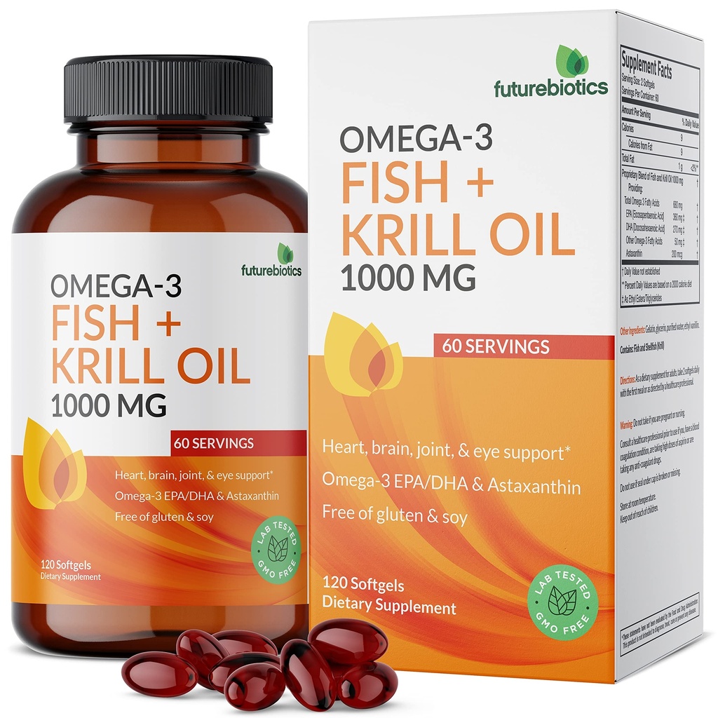 Futurebiotics Omega-3 Fish + Krill Oil 1000 MG Omega-3 EPA/DHA & Astaxanthin - Non-GMO, 120 Softgels (60 Servings)