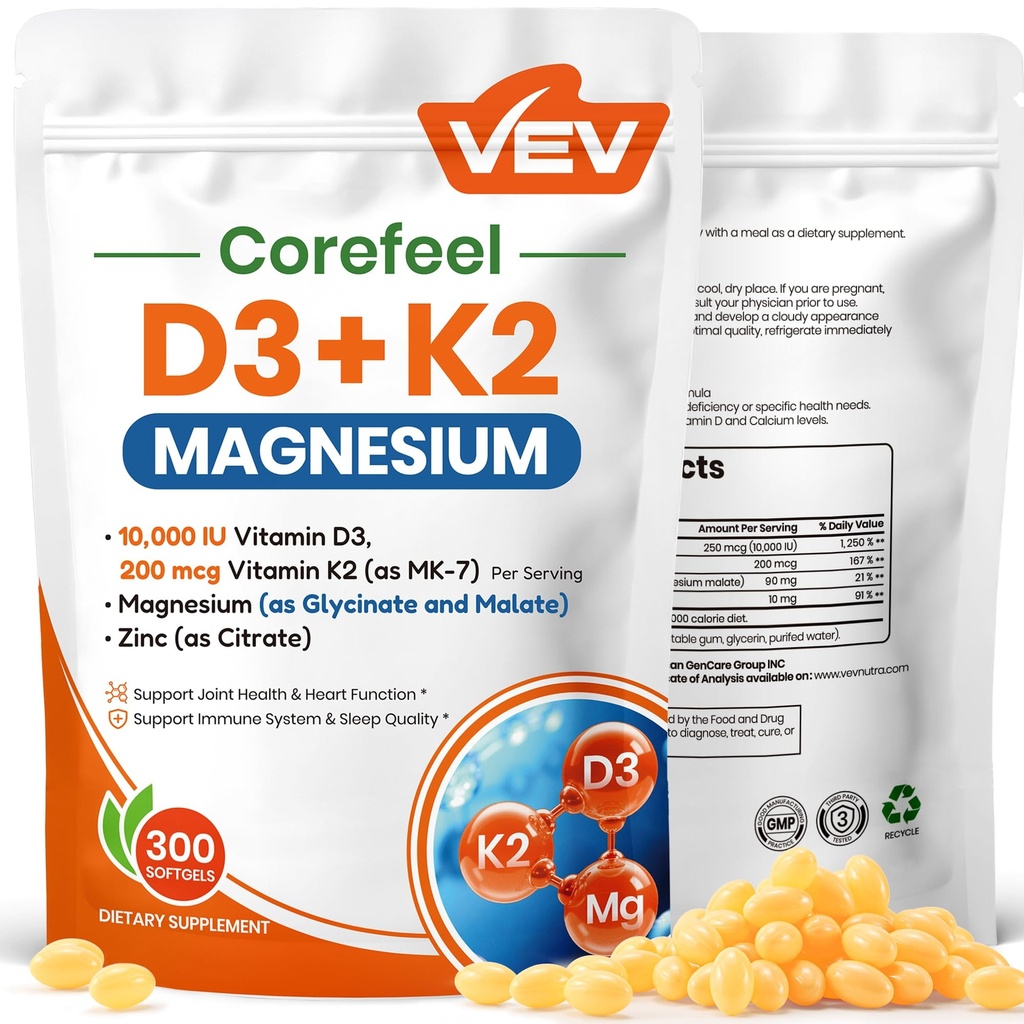 VEV Corefeel Vitamin D3 K2 10.000 IU Magnezyum Supplement - D ve K (MK-7), Magnezyum Glycinate & Malate, çinko Citrate - Enerji, Bone & Muscle Support için 300 Yumuşakgel