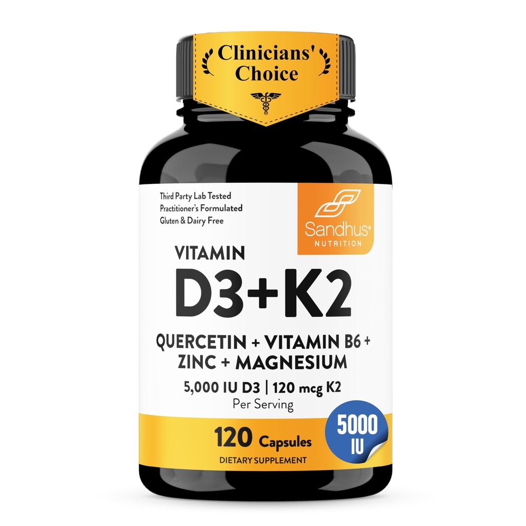 Sandhu's Vitamin D3 K2 Magnesium 5000 IU, 120mcg K2 Capsules 120 Count (Pack of 1) | with VIT B6, Zinc & Quercetin | D3K2 Supports Superior Absorption, Energy, Immune, Muscle Health for Men & Women