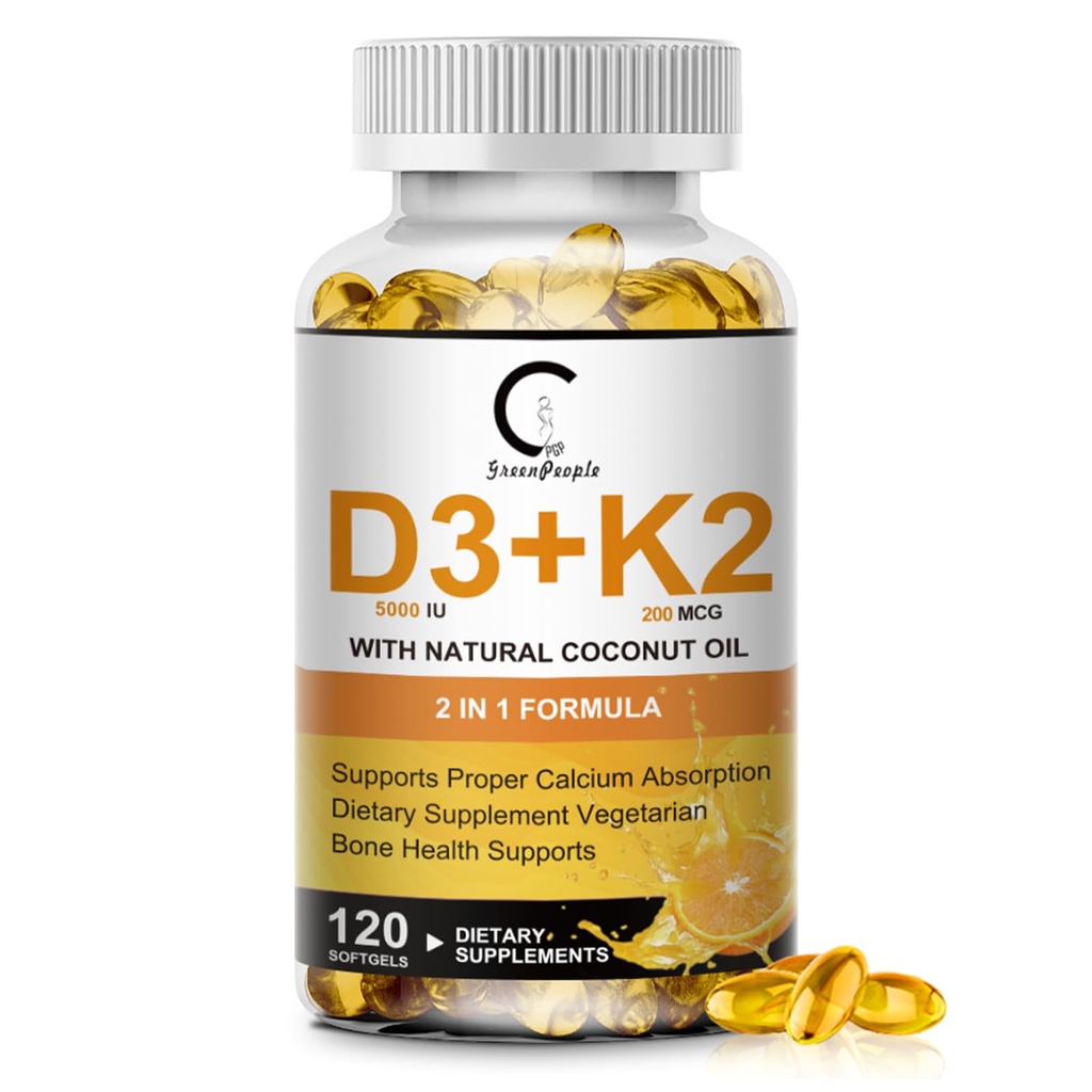 Συμπλήρωμα βιταμίνης D3 K2 με Βιταμίνη D3 5000 IU, 200 mcg Βιταμίνη K2 MK-7 & Φυσικό Λάδι καρύδας, Φυτική βάση 2-1 Φόρμουλα για τα οστά, τα δόντια, τους μυς και την ανοσοποιητική υγεία Υποστήριξη,120 κάψουλες Softgel