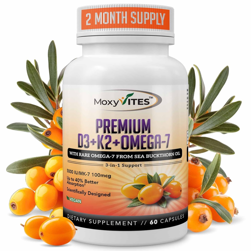 MoxyVites Vitamin D3 K2 5000 IU – High Absorption D3 + K2 MK-7 with Sea Buckthorn Oil & Omega-7 – Bone, Heart & Immune Support for Women & Men – 60 Vegan Capsules