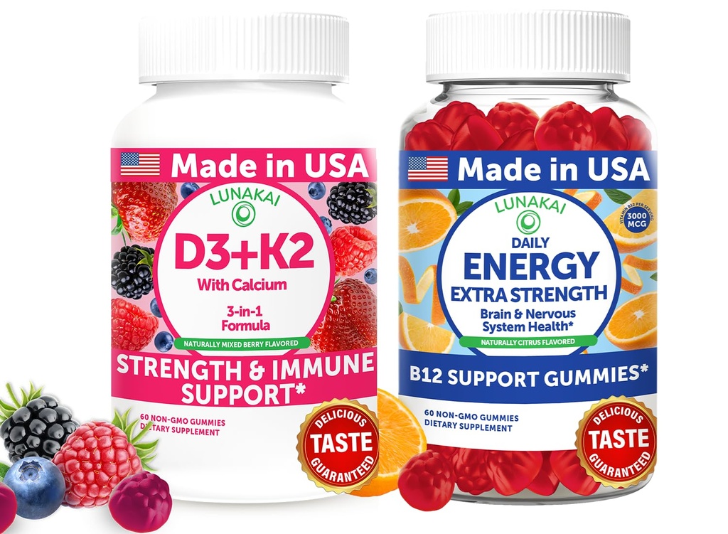 Lunakai USA Made D3+K2 with Calcium & Energy B12 Gummies Bundle – Vegan, Non-GMO – 60 Gummies Each
