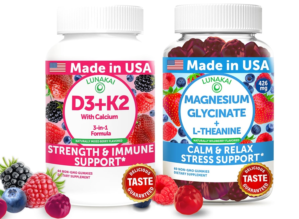 Lunakai USA, D3+K2'yi Kalsiyum ve Magnezyum Glycinate + L-Theanine Gummies Sche - 60 Non-GMO Gummies Every