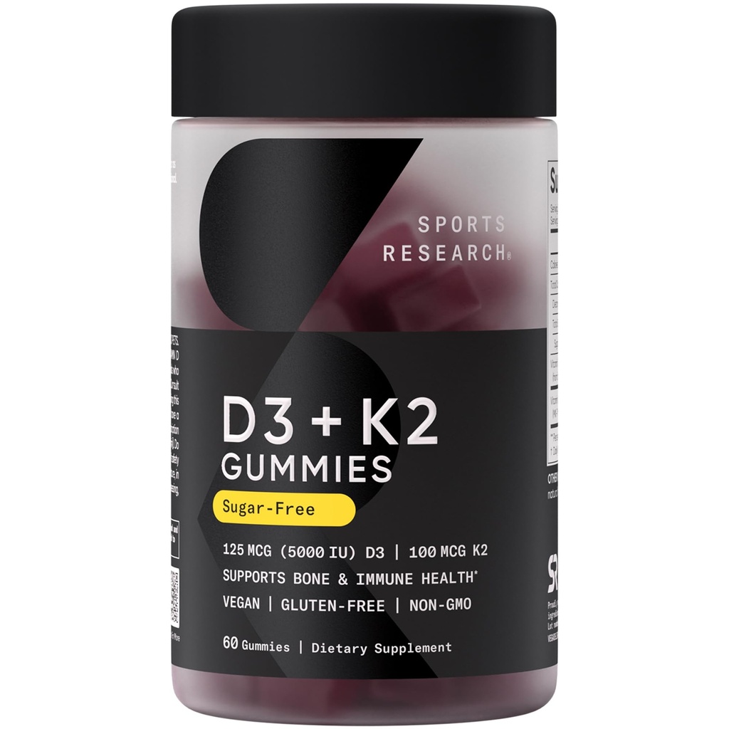 Sports Research® Vegan D3 + K2 Sugar-Free Gummies - 125mcg (5000iu) D w/ 100 Ck7 Vitamin K - Bone & Immune Health* - Vegan sertifikalı · Non-GMO · Soy Free - 60