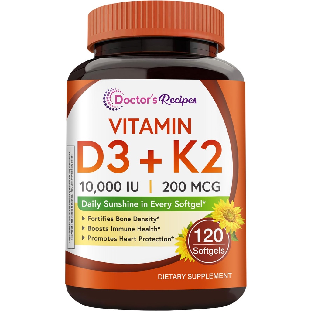 Doktor'un Vitamin Tartları D3 K2, 10.000 IU, 200 mcg, MK-7, Güçlü Kemik Yoğunluğu, Dişler, Immune, Kalp Desteği, Enerji, Kalsiyum Aborpsiyon, No Soy & Gluten, Non-GMO, 120 Softgels