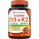 Doctor's Recipes Vitamin D3 K2, 10,000 IU, 200 mcg, MK-7, Strong Bone Density, Teeth, Immune, Heart Support, Energy, Calcium Absorption, No Soy & Gluten, Non-GMO, 120 Softgels