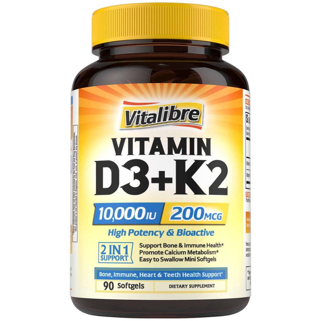 Συμπλήρωμα Βιταμίνης Vitalibre D3 K2, 10000 IU D3 / 200 mcg K2 MK7, Απορρόφηση ασβεστίου, Οστών, Καρδιάς, Ανοσοποιητικών & Mood Υποστήριξη, Ενισχυμένη Απορρόφηση, Χωρίς Σόγια, Εύκολο στην Κατάποση, 90 Softgels