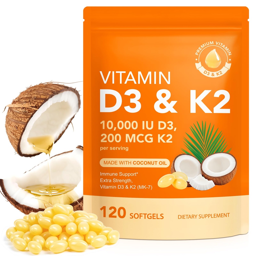 D3 Coconut Oil ile K2 - Vegan Vitamin D3 & Mk7 Vitamin K2for Bone & Immune Support - Non-GMO, Soy Free - 120 Softgels