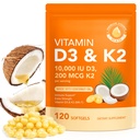 Vitamin D3 K2 with Coconut Oil - Vegan Vitamin D3 & Mk7 Vitamin K2for Bone & Immune Support - Non-GMO, Soy Free - 120 Softgels