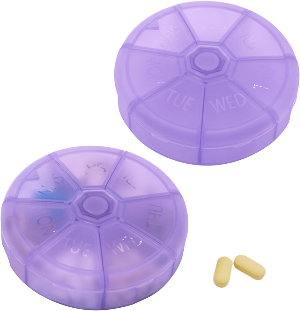 Portreatif Haftalık Pill Organizer 7 Gün Pills Konteyner, Round Pill Case Travel Friendly, Daily Week Pill Hatırlanmış Vaka, Ted-Free Vitamin, Tamam, Fish Oil, Drug Planlayıcı (Purple)