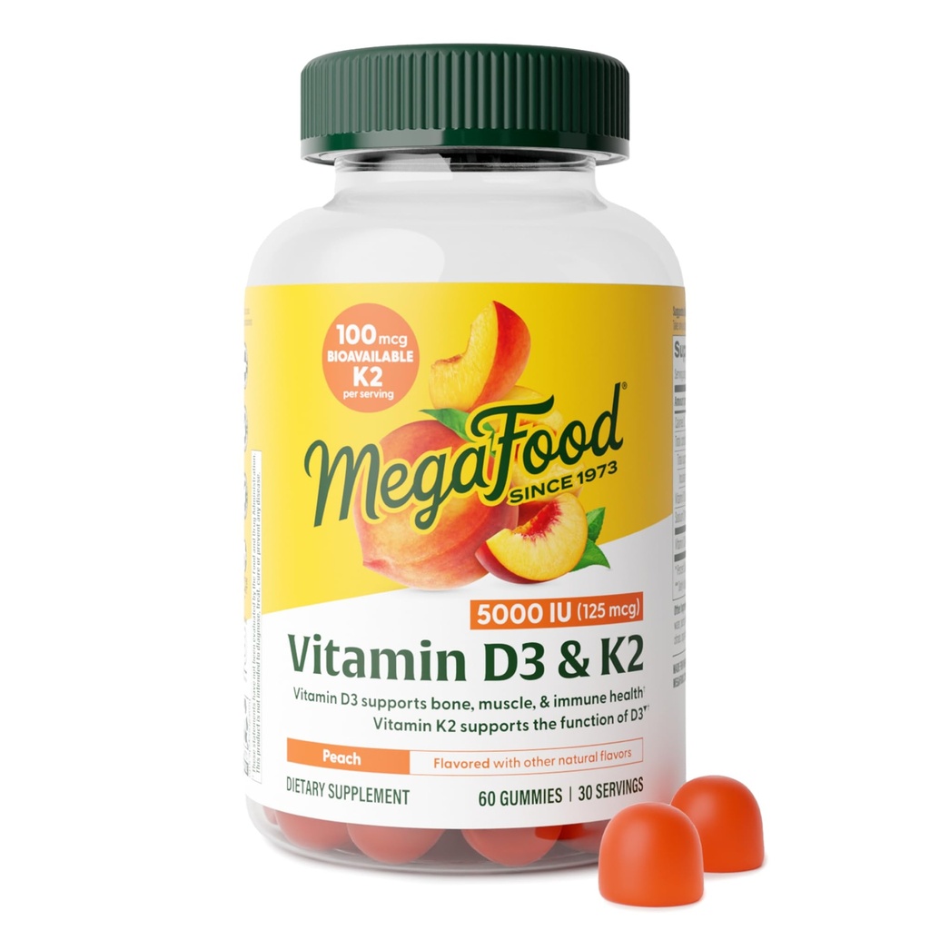 MegaFood Βιταμίνη D3 K2 Gummies - Βιταμίνη D 5000 IU για την υγεία των οστών και του ανοσοποιητικού Plus Υποστήριξη για Βέλτιστη Απορρόφηση Ασβέστου - Ροδάκινο Γεύση, Πεκτίνη με βάση - 60 χορτοφαγικά D3 και K2 συμπληρώματα, 30 υπηρεσίες