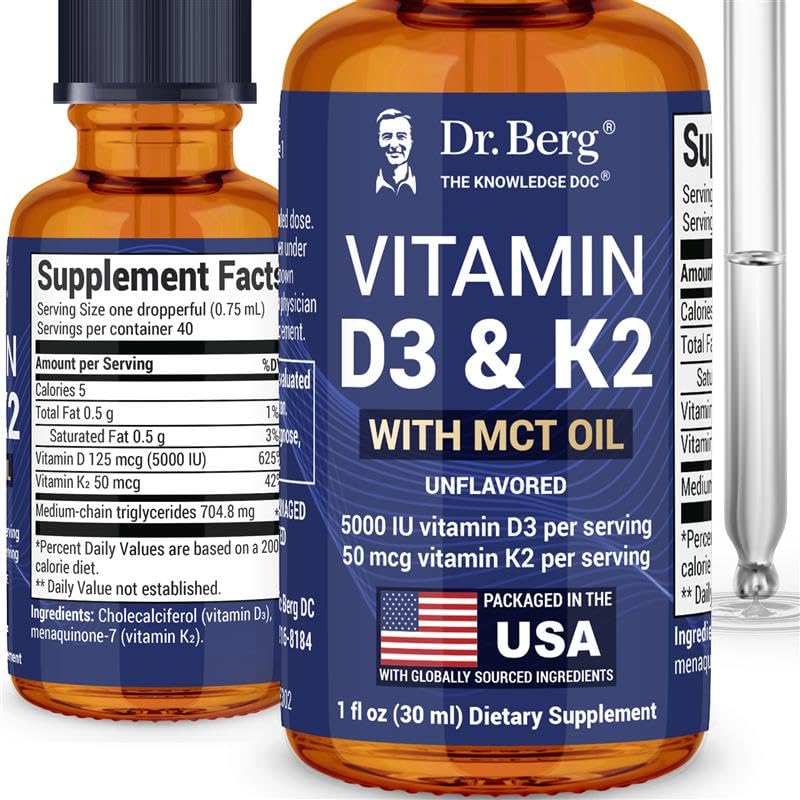 Dr. Berg Μέγιστη Δύναμη Βιταμίνη D3 K2 Υγρές σταγόνες με MCT Oil – 5.000 IU Υγρή Βιταμίνη D3 με K2 – Υποστηρίζει ισχυρά οστά, καρδιά, ενέργεια, ανοσία, και συνολική ζωτικότητα* - Χωρίς γεύση 1 Fl Oz
