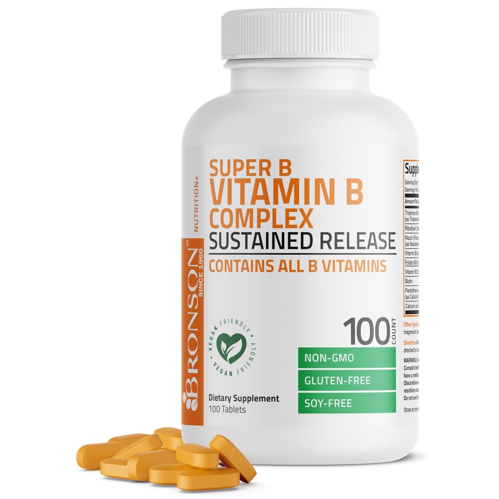 Bronson Super B Vitamin B Complex Παρατεταμένη αργή απελευθέρωση (βιταμίνη B1, B2, B3, B6, B9 - Φολικό οξύ, B12) Περιέχει όλες τις βιταμίνες Β 100 δισκία