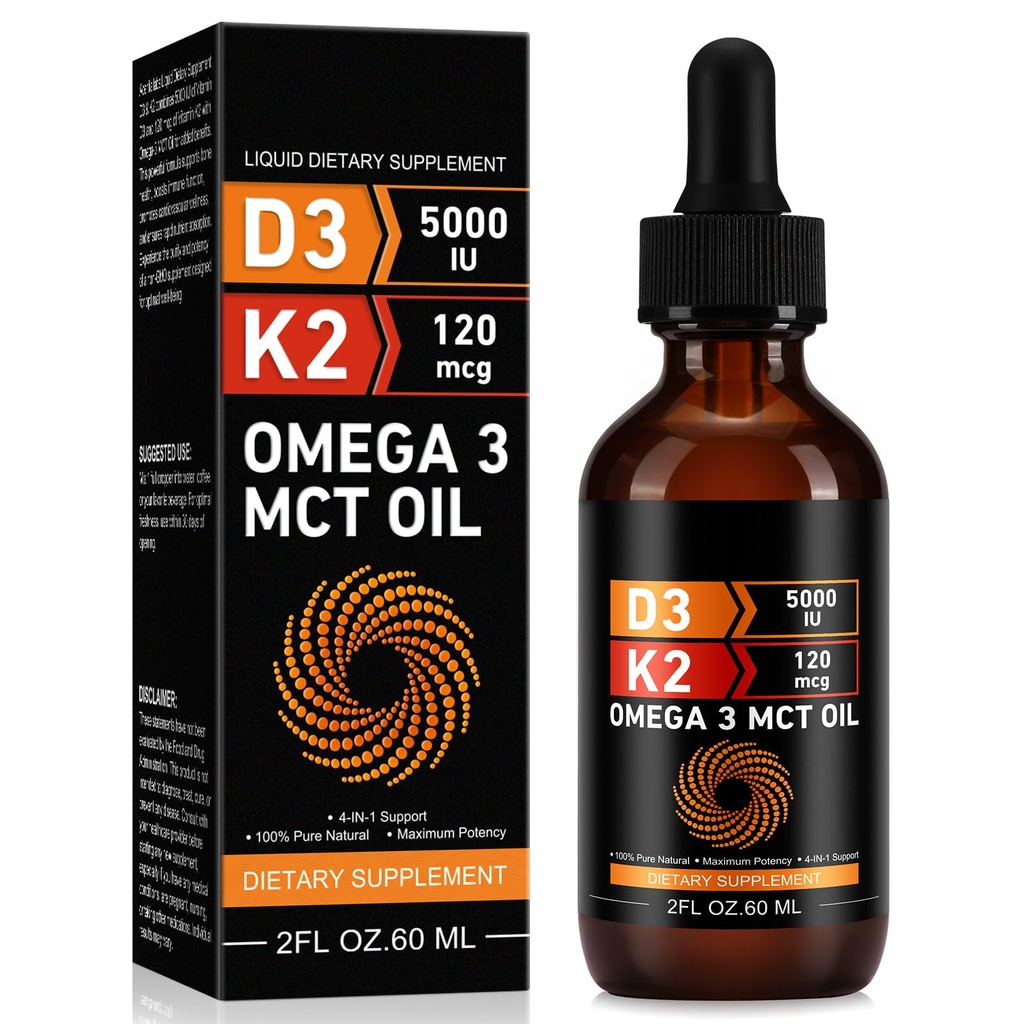 Daiasns Vitamin D3 5000 IU & K2 (MK-7) 120 6.8 60 ml MCT Oil Omega 3, Liquid D3 & K2 Supplements - 2 Ay Supply - Supports Bones, Teeth, Mood & Immune System,