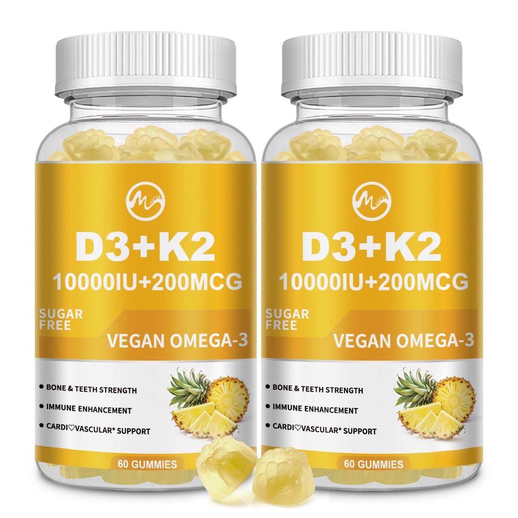 M inç D3 K2 Gummies, Vitamin D3 10000IU, K2 (MK-7) 20006, 6in-1 Vitamina D3 con K2 Supplement with Omega-3 for Women and Men - Bones, Teeth & Immune Support, Sugar Free, 2 Pack
