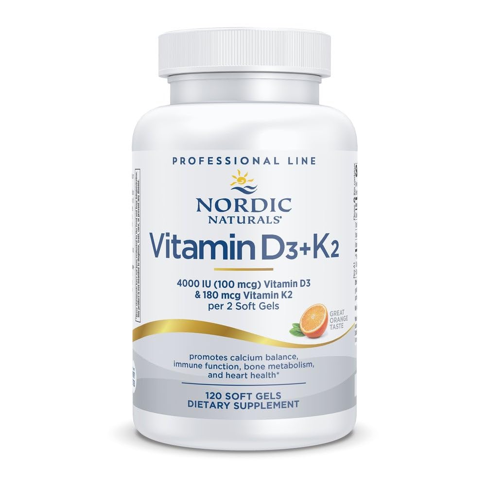 Nordic Naturals Professional Grade Vitamin D3+K2 Supplement, Orange Flavor - 60 Soft Gels - 4000 IU D3 & 180 mcg K2- Tefekk Denge ve Immune Function - Non-GMO - 30 Hizmetler