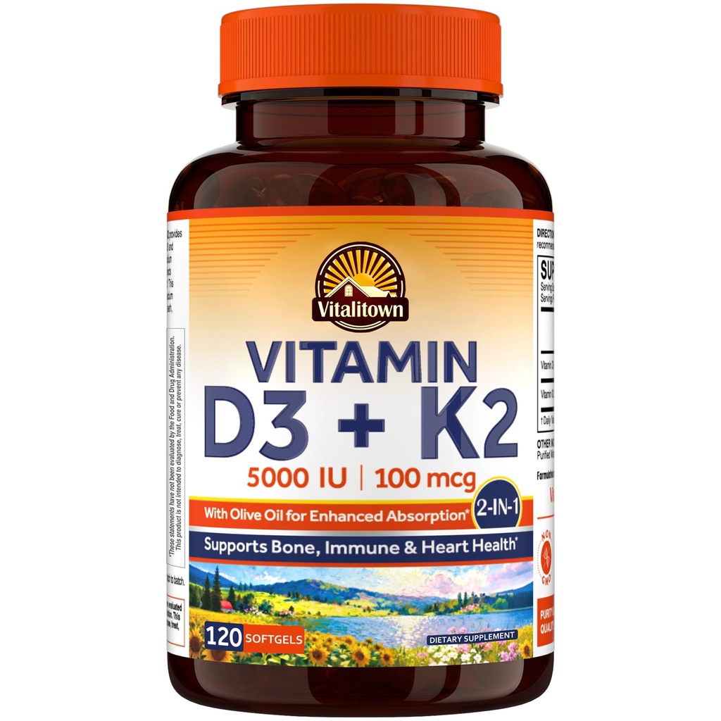 Vitalitown Βιταμίνη D3 K2 συμπλήρωμα, D3 5000 IU, Βιταμίνη K2 MK-7 100 mcg, Μη-ΓΤΟ, Χωρίς Γλουτένη & Σόγια, για τα οστά, δόντια, ανοσοποιητική & καρδιακή υγεία, 120 Softgels