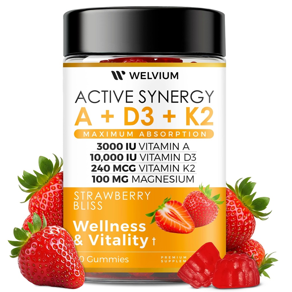 D3 K2 Gummies 10000 IU ile Magnezyum Glycinate, Kalsiyum, B12, K2 MK-7, Vitaminler A, E, Lutein, Zeaxanthin - ADK Chewable Supplement for Bone, Eye, Immune Support - D3K2 Gummies