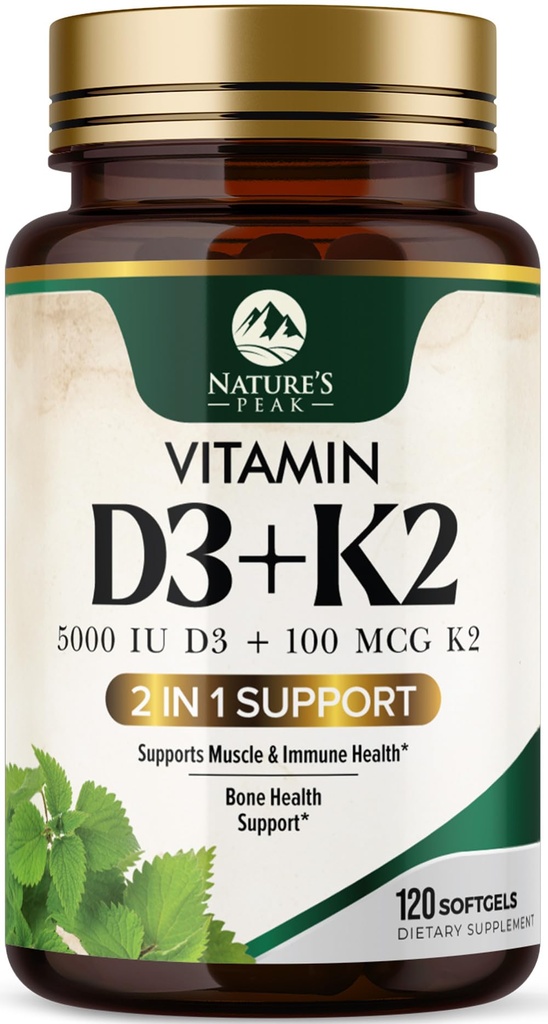 D3 K2 Vitamini - D3 5000 I Per Softgel - Yüksek Potency Vitamin D3 Tamam - 2in-1 Kompleks D & K2 (MK7) - Swallow, Bone & Immune Support - Şişed USA - 120 Softgels