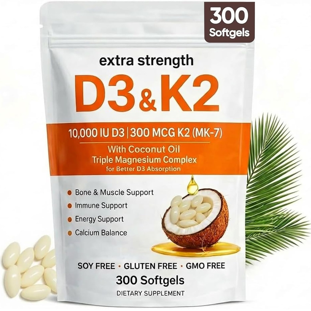 ELVERA Vitamin D3 K2 Kompleksi, Ekstra Güçlü D3 & K2, Triple Magnezyum Softgels, D3 K2 10000 IU Softgels (1)