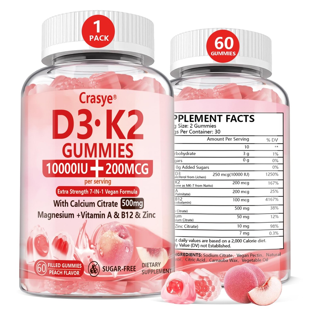 Βιταμίνη D3 K2 Gummies 10000 IU με 500mg Ασβέστιο Μαγνήσιο Ψευδάργυρο Gummy Ζάχαρη Χωρίς ADK+Βιταμίνη B12 Συμπληρώματα για γυναίκες και άνδρες Οστά, Μύες, Δόντια Ροδάκινο Γεύση - 60 Gummies - 30 Μερίδες