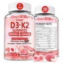 Βιταμίνη D3 K2 Gummies 10000 IU με 500mg Ασβέστιο Μαγνήσιο Ψευδάργυρο Gummy Ζάχαρη Χωρίς ADK+Βιταμίνη B12 Συμπληρώματα για γυναίκες και άνδρες Οστά, Μύες, Δόντια Ροδάκινο Γεύση - 60 Gummies - 30 Μερίδες