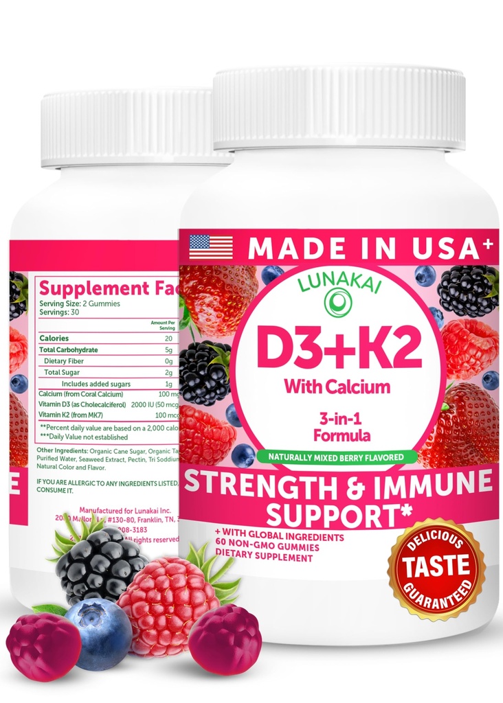 Lunakai ΗΠΑ Φτιαγμένη βιταμίνη D3 K2 Gummies με ασβέστιο – 3-σε-1 Καθημερινή Vegan συμπλήρωμα για τα οστά & ανοσοποιητική υποστήριξη για γυναίκες, άνδρες και παιδιά, 60ct