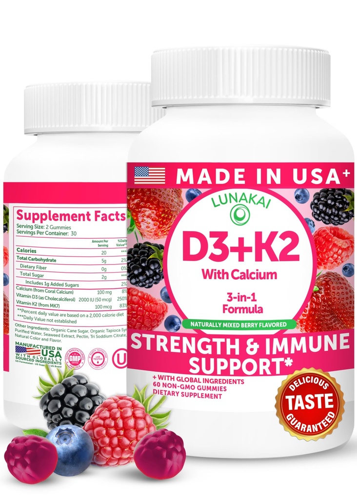 Lunakai ΗΠΑ Φτιαγμένη βιταμίνη D3 K2 Gummies με ασβέστιο – 3-σε-1 Καθημερινή Vegan συμπλήρωμα για τα οστά & ανοσοποιητική υποστήριξη για γυναίκες, άνδρες και παιδιά, 60ct