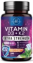 Βιταμίνη D με K2 (MK-7) - Βιταμίνη D3 5000IU (125mcg) Per Serving - D3K2 Complex Supplement για τα οστά, τα δόντια, τους μυς, την απορρόφηση ασβεστίου, την ανοσοποιητική υποστήριξη & την υγεία της καρδιάς - Εμφιαλωμένο στις ΗΠΑ - 240 Softgels