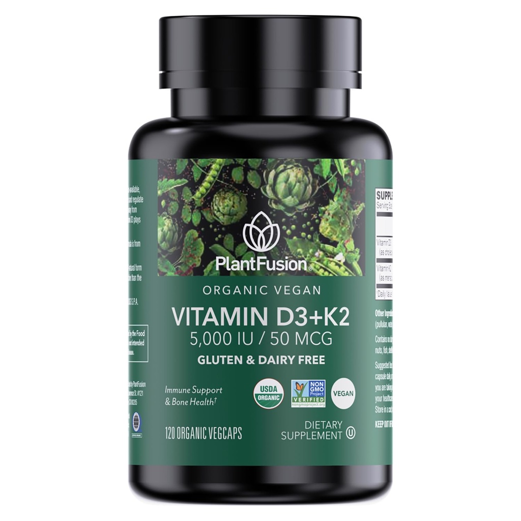 PlantFusion Organic Vegan Vitamin D3 + K2 5.000 IU, 50MCG – Βιταμίνη D που προέρχεται από την Φυτική Λίχεν και Βιταμίνη K2, για την Ανοσολογική Υποστήριξη και την Υγεία των Οστών - 120 Κάψουλες