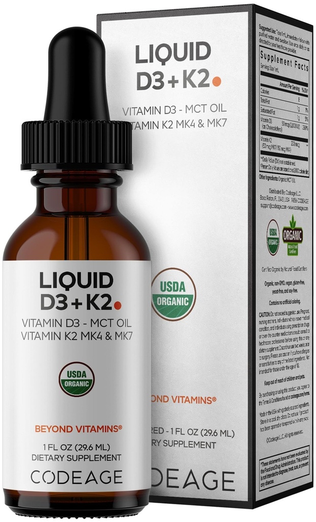 Κωδικός Υγρές D3+K2 Βιταμίνες USDA Organic - Βιταμίνη D3 2000 IU, Βιταμίνη K2 (MK4 & MK7) Υγρές σταγόνες - Ανοσολογική Υποστήριξη - Αγευμένη - Βιολογικό MCT Πετρέλαιο - Μη ΓΤΟ - 1 fl oz