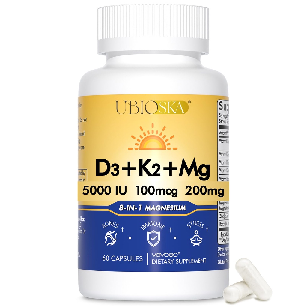 UBIOSKA Vitamin D3 K2 Magnesium Supplement – 5000 IU D3 + MK-7 K2 με 8- Form Μαγνήσιο (Glycinate, Taurate, Malate) για ήρεμο ύπνο, ανακούφιση από το στρες, ισορροπία Mood & Ισχυρά οστά – 60 κάψουλες