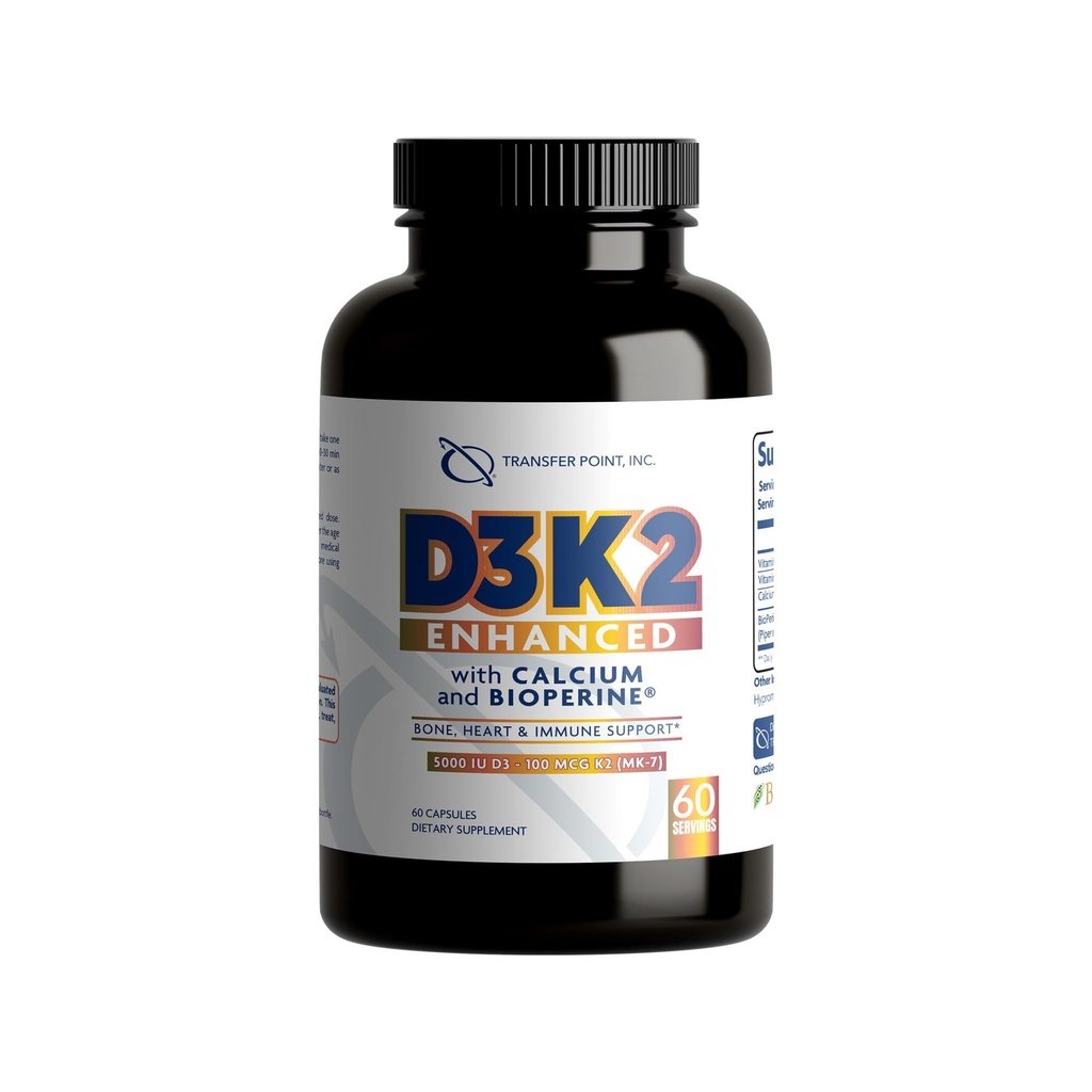 D3K2, Kalsiyum & BioPerine® ile gelişmiştir - 5000 IU Vitamin D3 + 100 mcg K2 MK-7 - Bir kez-Daily Formula, 60 Capsules