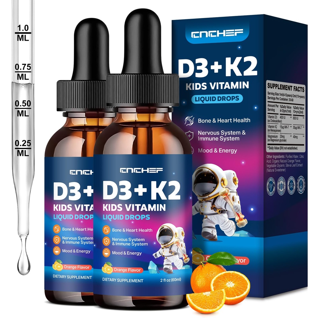 2PCS Βιταμίνη D3 K2 σταγόνες για παιδιά - Συμπλήρωμα υγρού με μαγνήσιο για απορρόφηση ασβεστίου, κοινή υγεία, δόντια & καρδιά - μη-GMO, Vegan, πορτοκαλί, 4 Fl Oz - Παιδιά Ηλικίες 4+