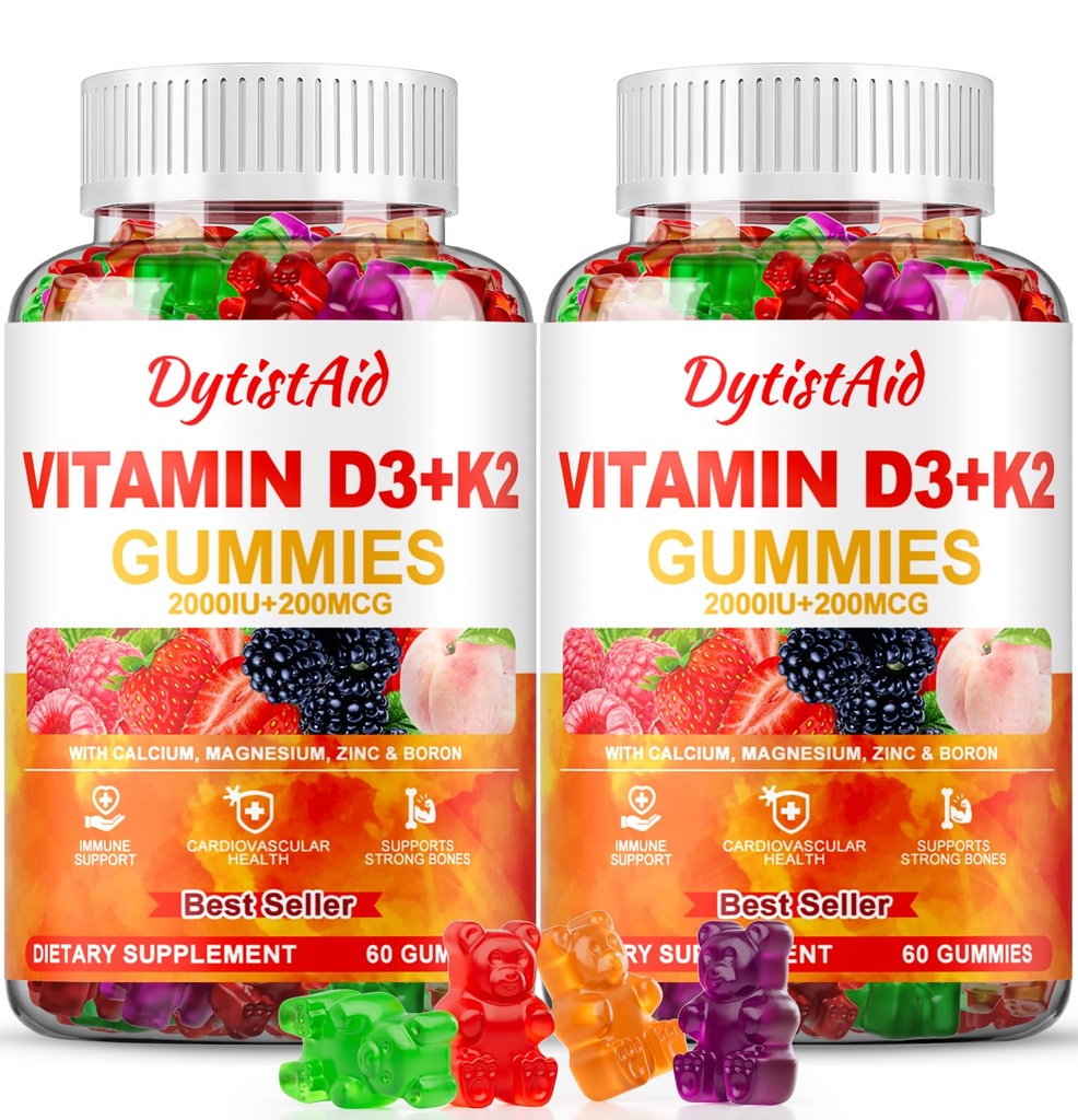 D3 + K2 Gummies 2000 IU with Macau + K2 (MK-7), Magnezyum Citrate, C, çinko & Boron - Bone, Heart & Immune Support – Vegan, Non-GMO, Gelatin-Free, Sugar-Free Supplement, 120 Gummies