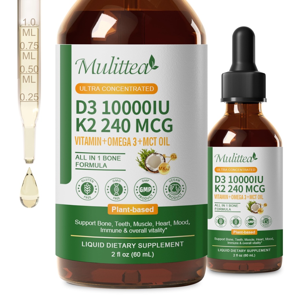 2 Συσκευασία Βιολογική βιταμίνη D3 K2 Liquid 10000 IU w/ Vegan Omega-3 & Coconut MCT Oil - Συμπλήρωμα μέγιστης αντοχής βιταμίνης D, χωρίς πληρωτικά, μη-GMO K2 ως MK7 για οστά, μύες & υψηλή απορρόφηση-2 Fl Oz
