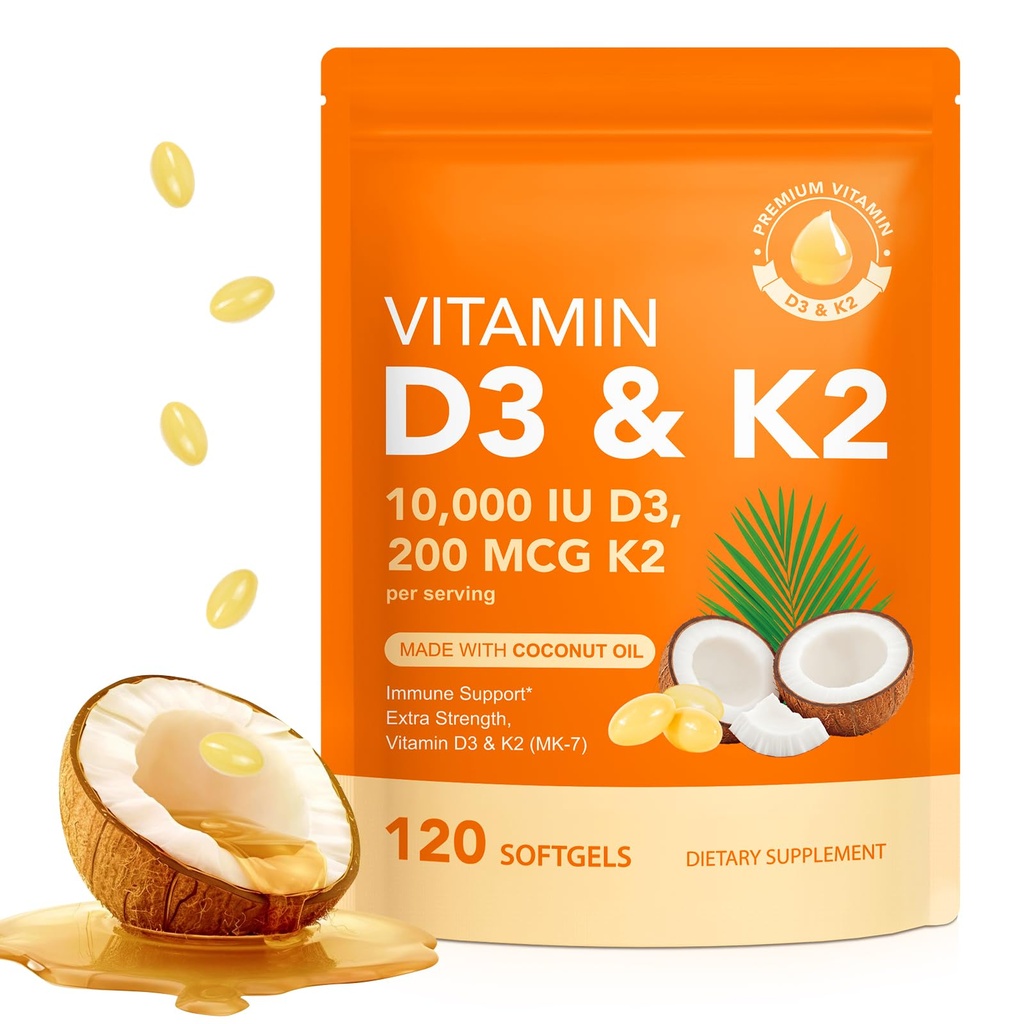 D3 C2 10000 I ile 200 mg, Vitamin D3 ve K2 Capsules, 1 Vitamin D & K Kompleksi ile Virgin Coconut Oil, 120 Softgels, Easy to Sw & Non-GMOMO
