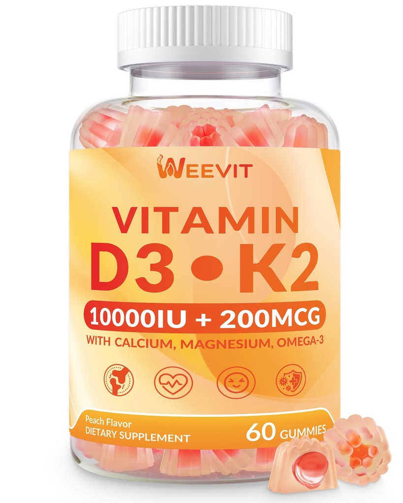 WEEVIT Vitamin D3 K2 Gummies, Sugar Free Vitamin D3 K2 w/Calcium, Magnezyum, Omega-3, C,B12, K2 D3 Supplement