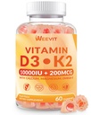 WEEVIT Vitamin D3 K2 Gummies, Sugar Free Vitamin D3 K2 w/Calcium, Magnezyum, Omega-3, C,B12, K2 D3 Supplement