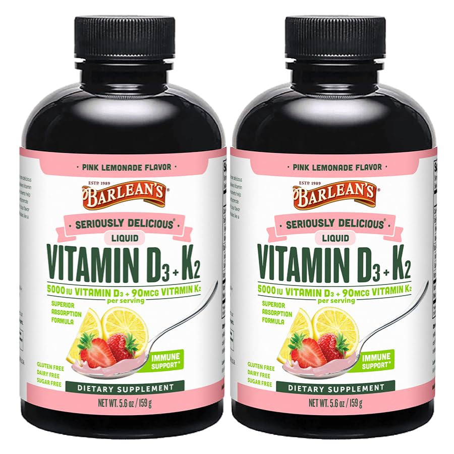 Barlean's Pack of 2 Βιταμίνη D3+K2 Liquid Supplement for Kids and Adults, 5000 IU Βιταμίνη D, Pink Λεμονάδα, Μη ΓΤΟ, Γλουτένη και Γαλακτοκομικά Χωρίς, 5,6 oz Καθένα