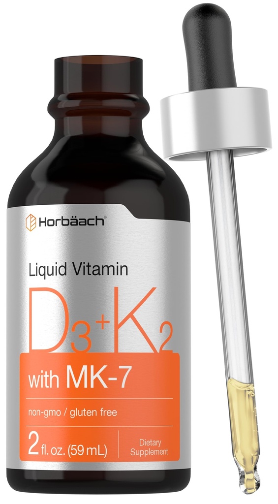 Horbäach Vitamin D3 K2 Liquid Drops | MK7 | 2 Fl Oz | Vegetarian, Non-GMO, Gluten Free Supplement Supplement Supplement
